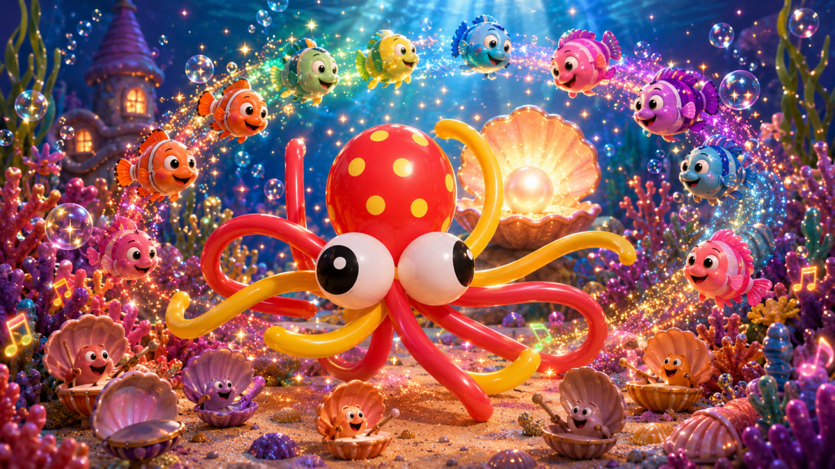 Octavia la pieuvre en ballons danse dans un récif marin magique avec des poissons colorés, des coquillages musiciens et une perle lumineuse.