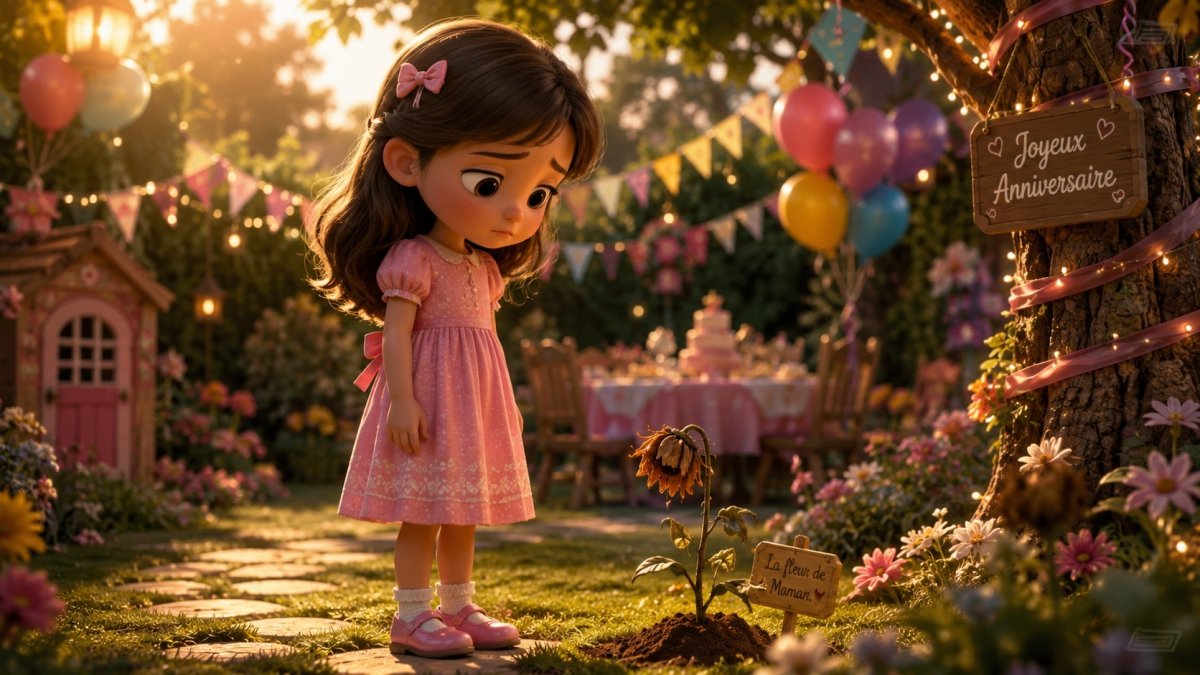 Lina regarde tristement la fleur fanée de sa maman dans le jardin décoré pour son anniversaire